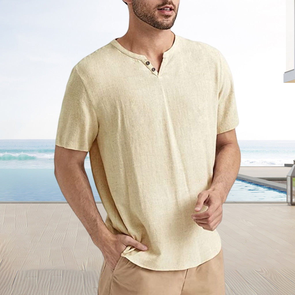 Basic Men Top Cotton T-shirt Men's Casual V-neck Breathable Short Sleeve Solid Color Tee Lightweight Summer for Daily We