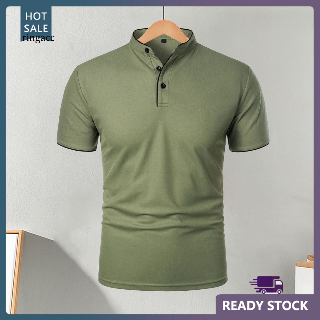 Men Solid Color Tee Casual Tops Men's Short Sleeve T-shirt Half-stand Collar Basic Regular Fit for Sports Travel Office