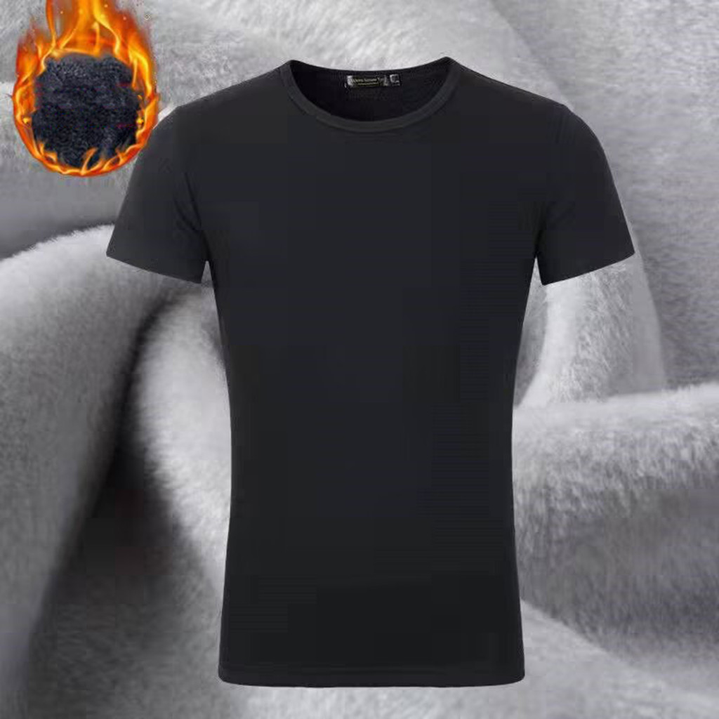 Solid Color Round Neck T-shirt Velvet Men's Summer Short Sleeve Plush-lined Pullover Elastic Hem Basic Casual Top for So