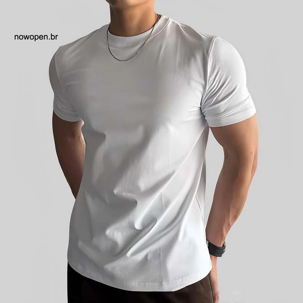 Trendy Men Top Solid Color Tee Men’s Casual O-neck Short Sleeve T-shirt Basic Summer Muscle Fit Gym Sports Travel Dail