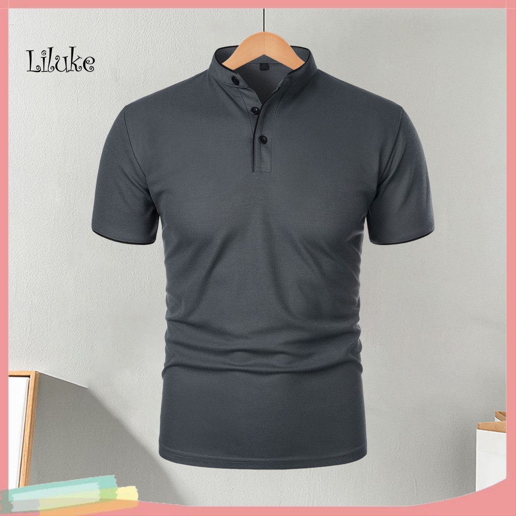 Casual Men Tops Regular Fit Tee Men's Short Sleeve T-shirt Half-stand Collar Solid Color Basic for Sports Travel Office