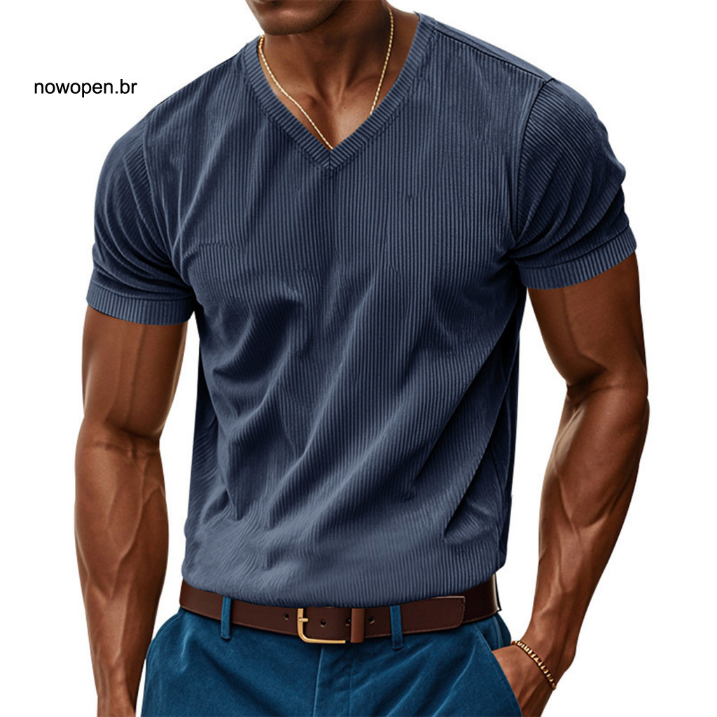 Basic Design Men V-neck Shirt Breathable Summer Top for Men's Corduroy T-shirt Ribbed Knit Short Sleeve Casual Business