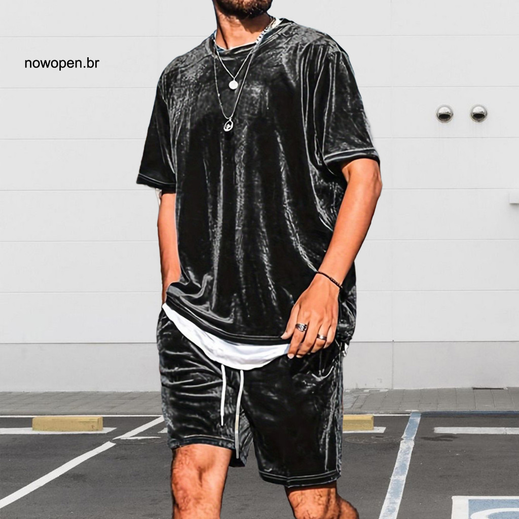 Basic White Shoes Outfit Men Velvet Street Style 2pcs Set – Round Neck Short Sleeve Top Drawstring Waist Shorts Solid