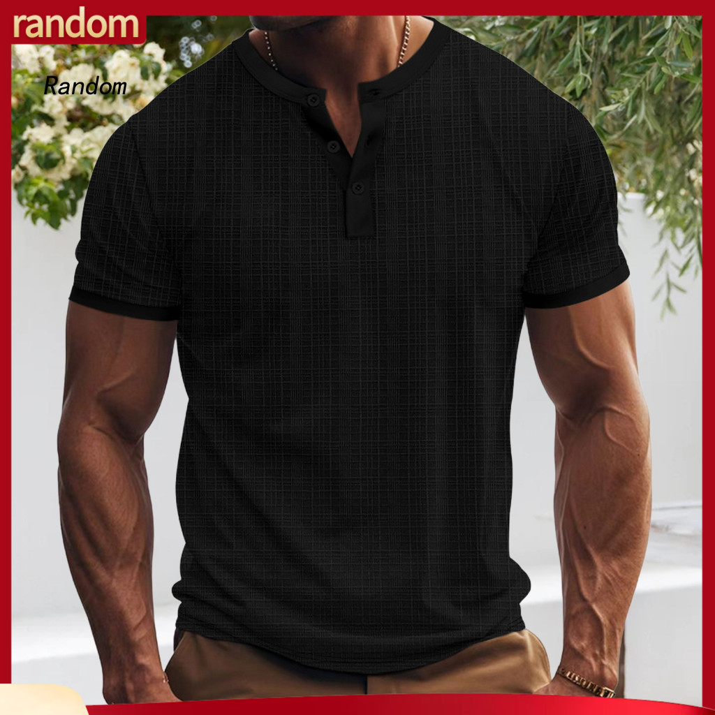 Basic Short Sleeve Top Summer Men’s Loose Fit T-shirt American Style Buttoned Round Neck Solid Color – Lightweight B