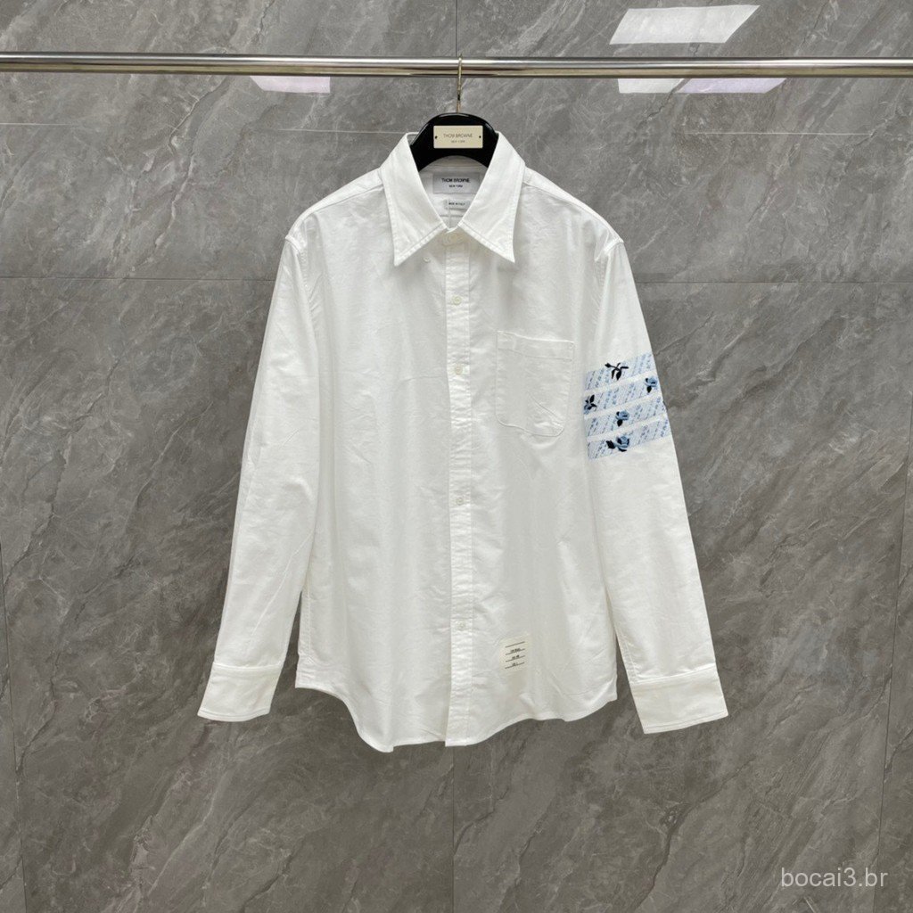 QF7B New Spring/Summer Four-Bar Rose Embroidery Long-Sleeve Shirt, Unisex Casual Fashion