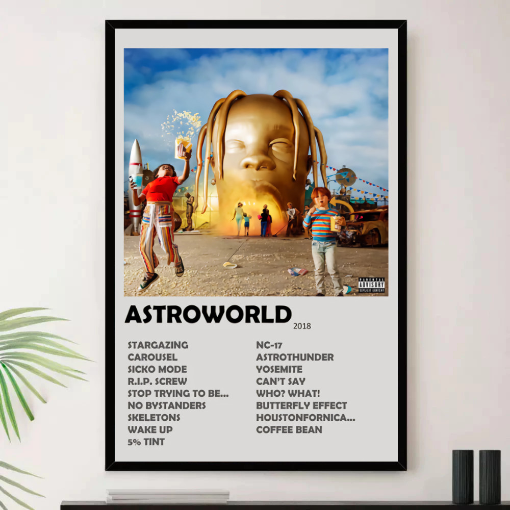 Quadro Placa Decorativa Música Internacional Travis Scott Rap Hip Hop Álbuns com Moldura