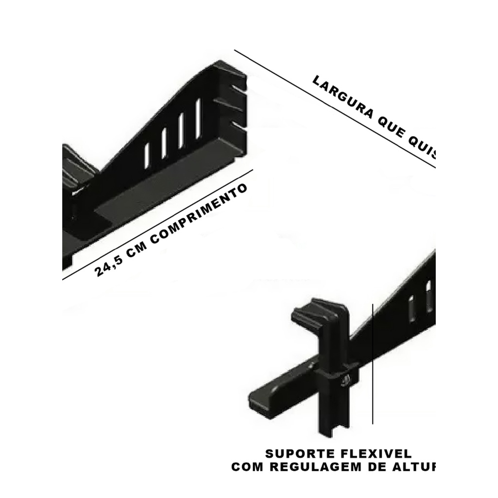 SUPORTE FLEXIVEL OU RIGIDO DE PAREDE FIXO PARA DVD, RECEPTORES, DVR, COM APOIO LATERAL E HASTE DE FIXAÇÃO ARITCULADO DE 25 A 95MM DE ALTURA