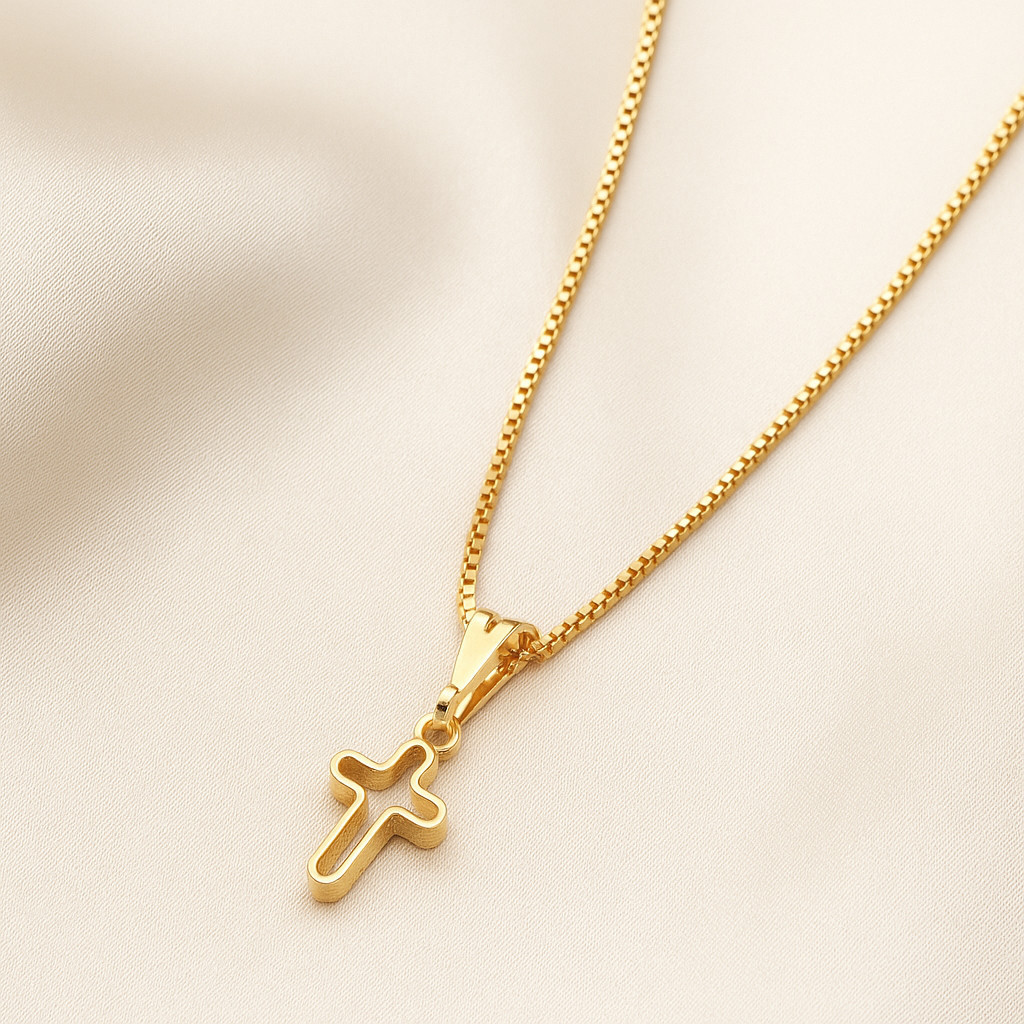 Colar Veneziana com Pingente de Cruz Vazada Fé e Estilo Minimalista Banhado a Ouro 18k