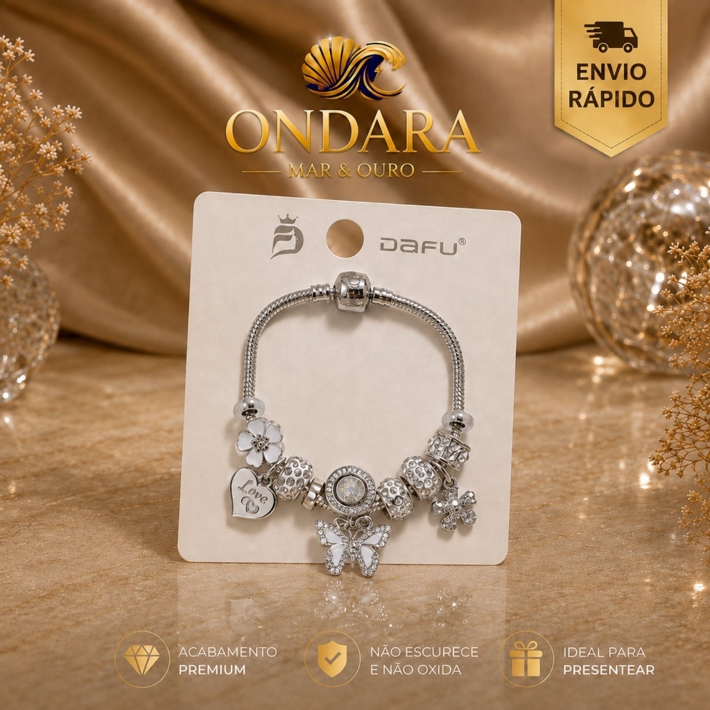 Pulseira Feminina com Berloques e Pingentes Delicados Prateada Estilo Charm Presente Feminino