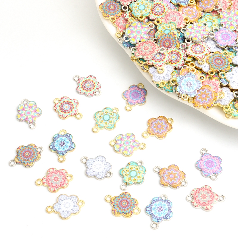10pcs Misterioso Padrão De Flor De Mandala Conectores De Esmalte Estilo Boêmio Datura Flower