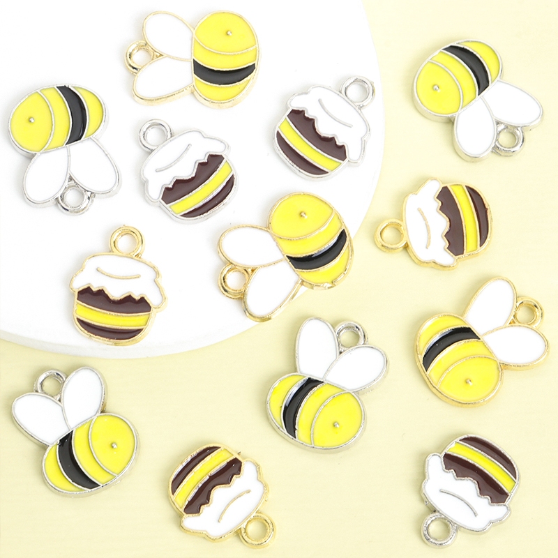 15 Peças Versão Q Linda Abelha E Frasco De Mel Amarelo-Preto Estilo Esmalte Gotejamento Amuletos De Óleo , Colares Da Mo