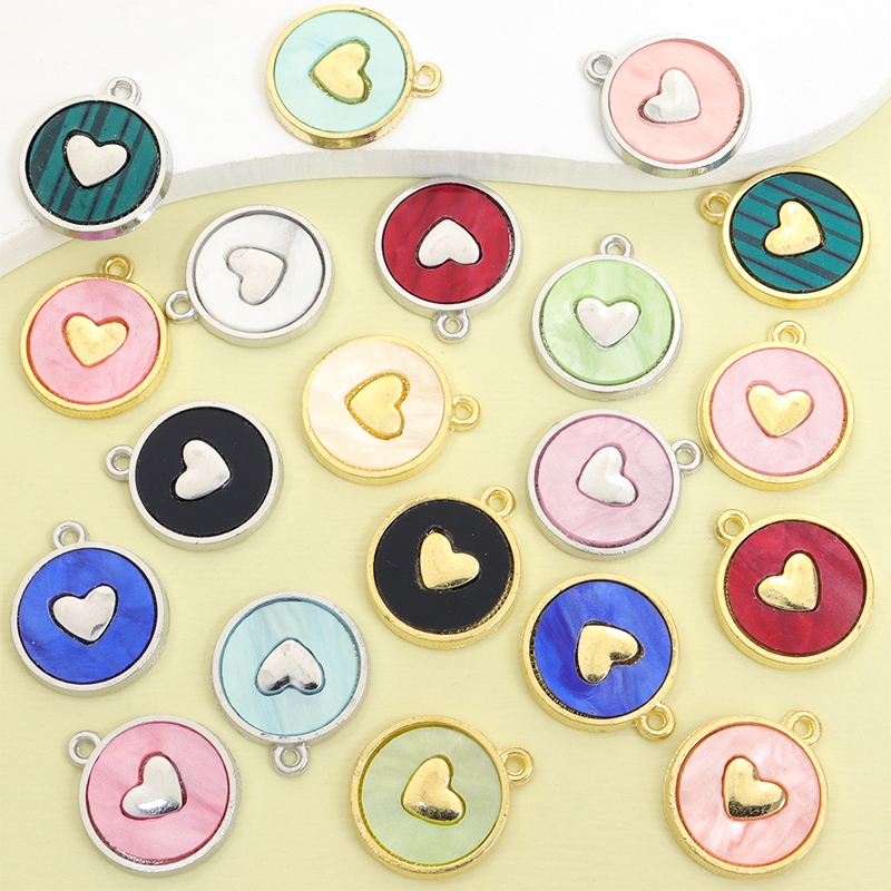 10 Peças Amuletos De Liga Redonda De Folha De Acrílico De 10 Cores Com Design De Coração De Amor , Colar De Moda , Pulse