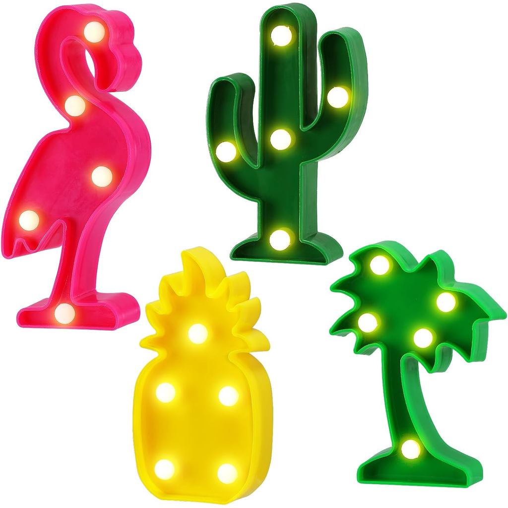 Cute Hawaiian Party Decoration Lights - Mini LED Flamingo Pineapple Palm Tree Cacti Signs, Summer Tropical-themed Birthd