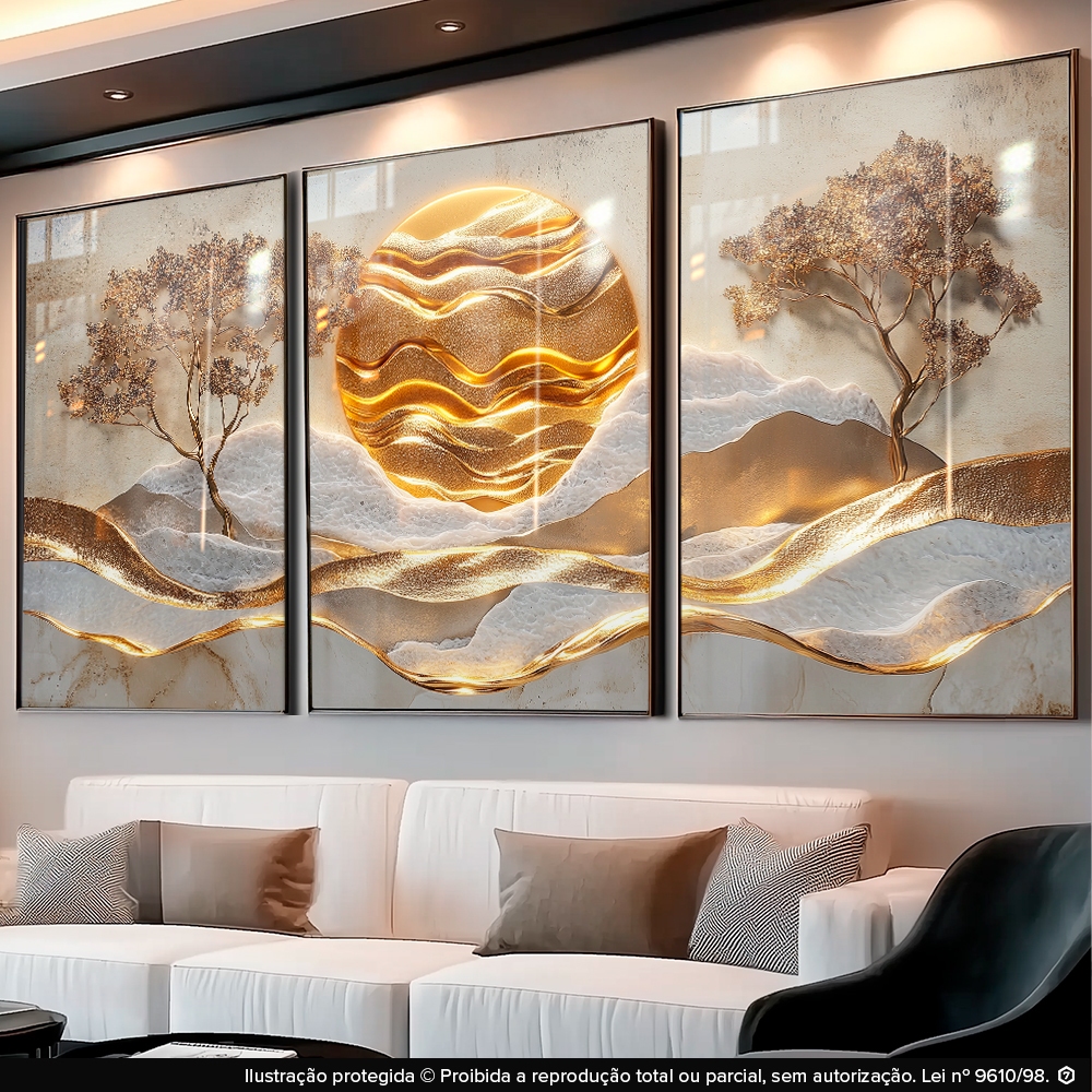 Quadro Decorativos 3pçs Abstrato Geométrico Árvores Lua Dourado Moderno para Sala Escritório