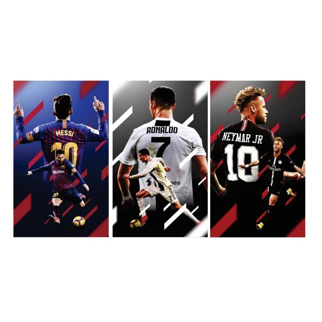 Quadros Neymar Cristiano Ronaldo Messi kit 3pç 50x30 Futebol Decoração Premium