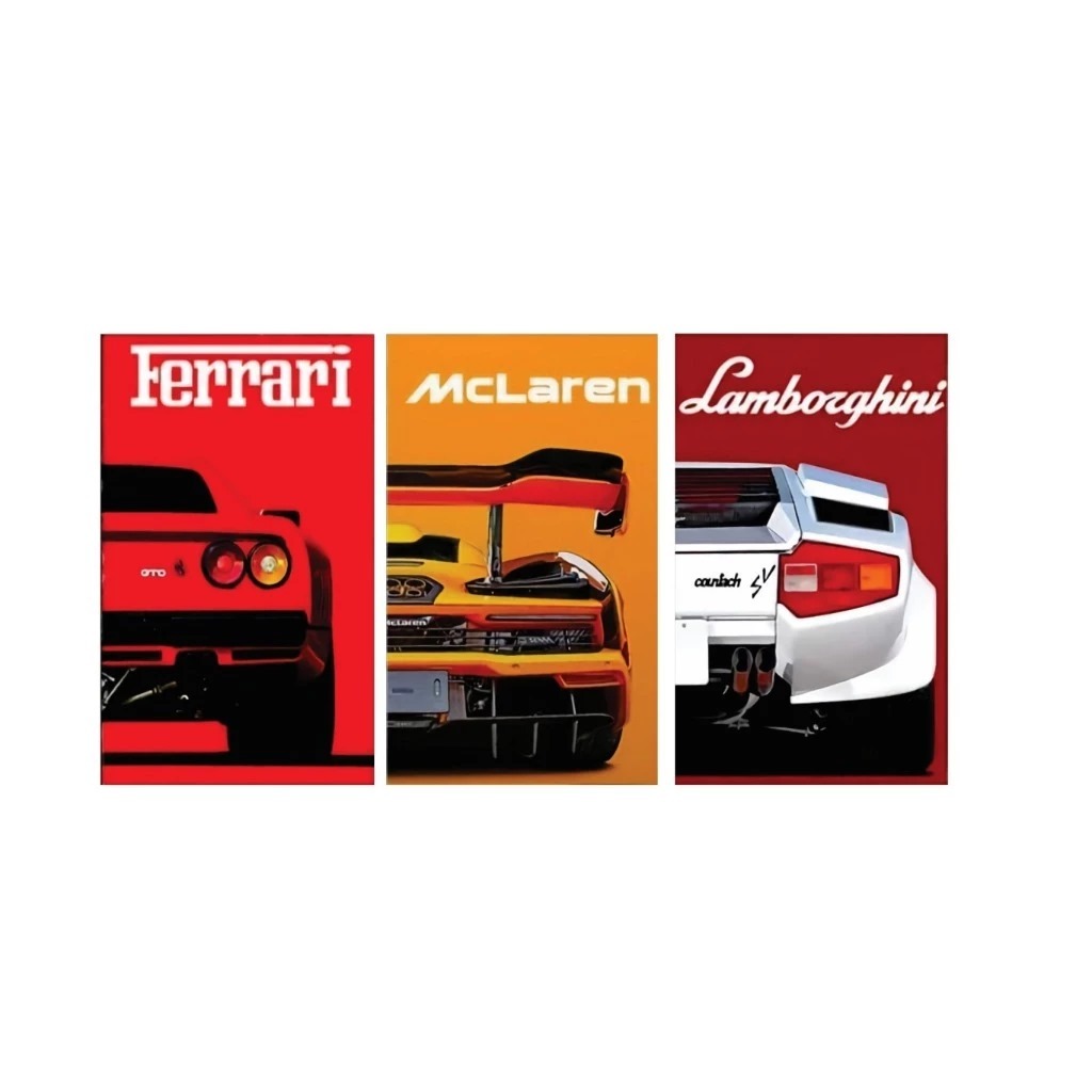 Quadros Kit 3pç 50x30 Decorativos Carros Esportivos Mosaico Sala Quarto Escritório Premium
