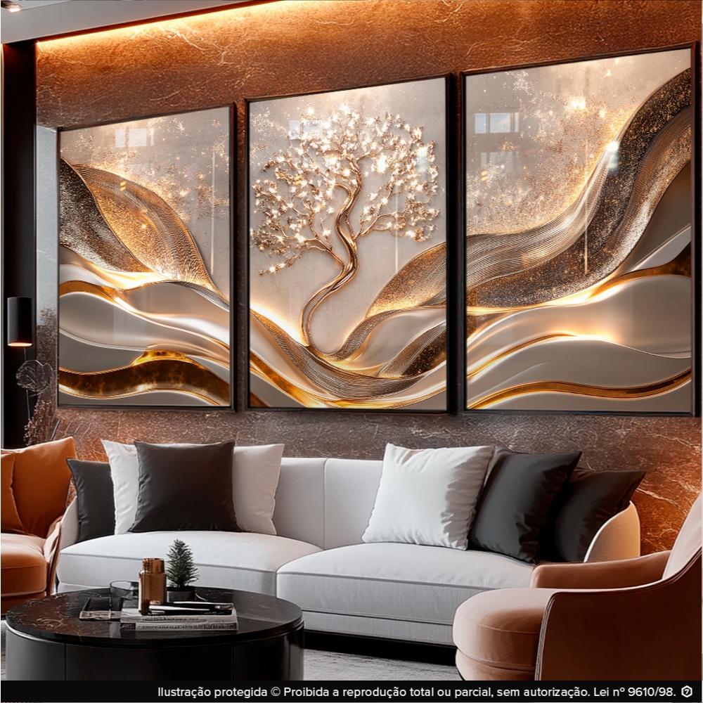 Quadro Decorativos Abstrato geométrico 3pçs Árvore Folhas de Ouro Luxuoso para Sala Escritório