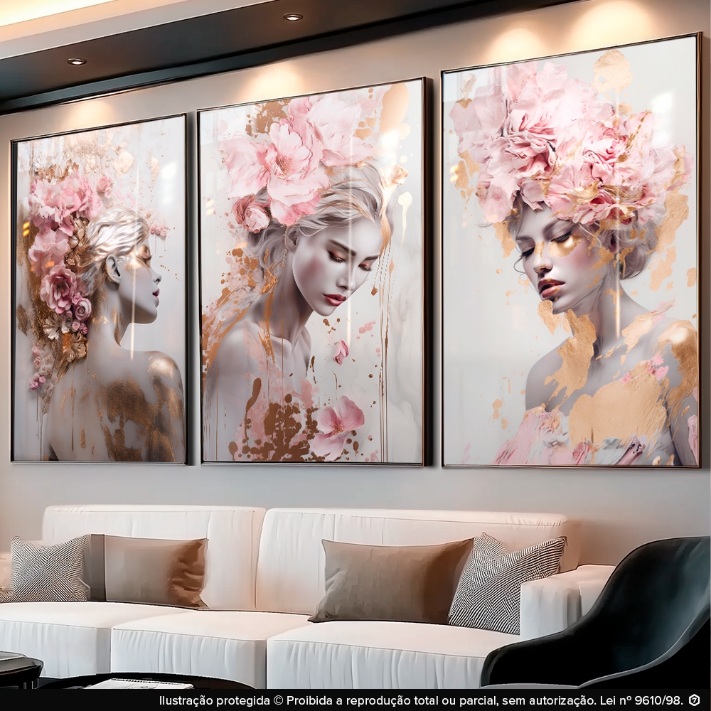 Quadros Decorativos 3pçs Mulher Flores Rosas Folhas de Ouro para Salão Quarto Beleza