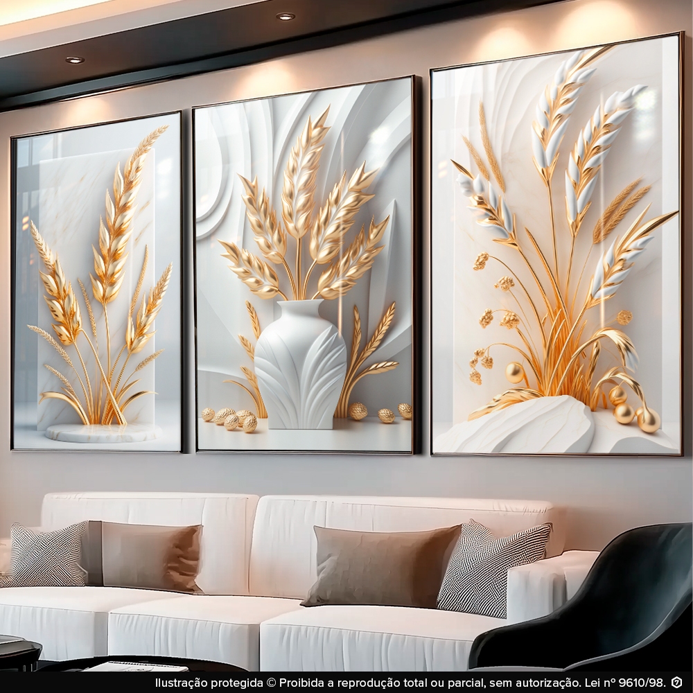 Quadro Decorativo 3pçs Vaso Ramos de Trigo Prosperidade Fartura Branco Dourado para Sala Quarto Hall