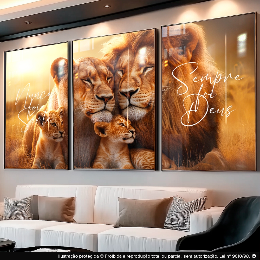 Quadros Decorativos 3pçs Família de Leão Frase Motivacional Amor União para Sala