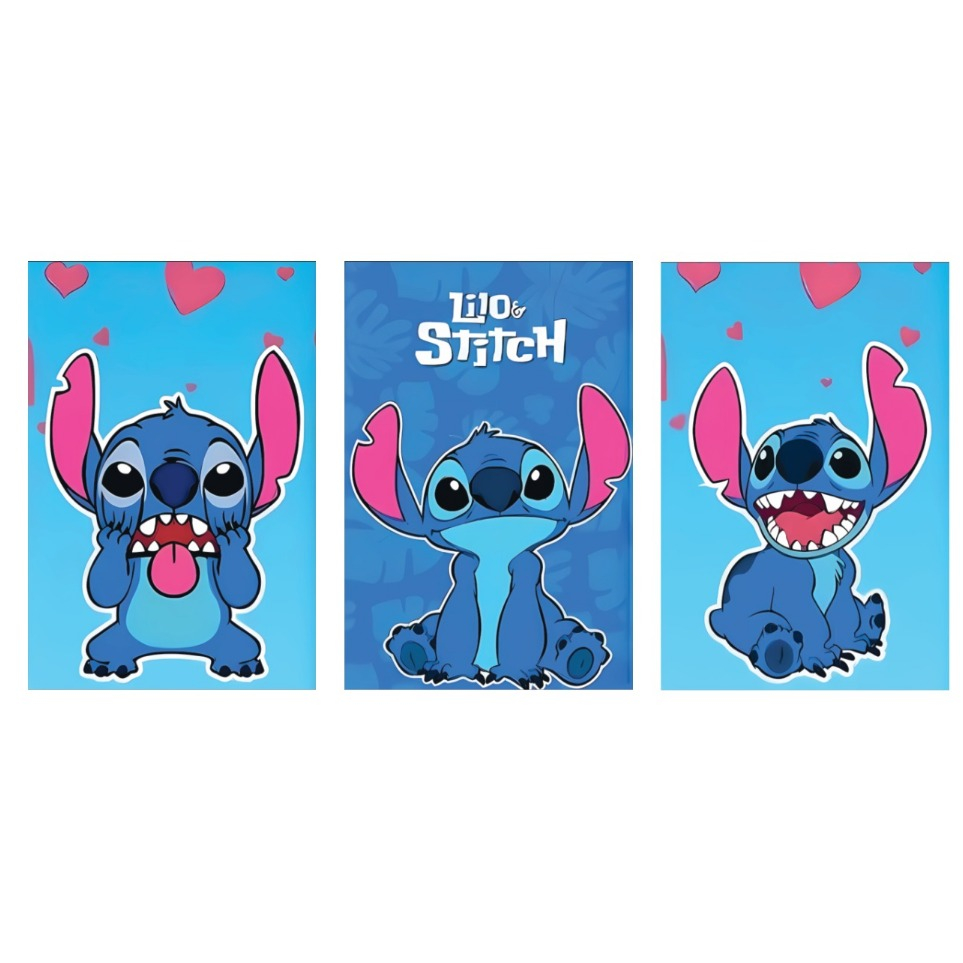 Kit 3Pç 50x30 Quadros Decorativos Lilo Stitch Azul Mdf Sala Quarto Premium Luxo