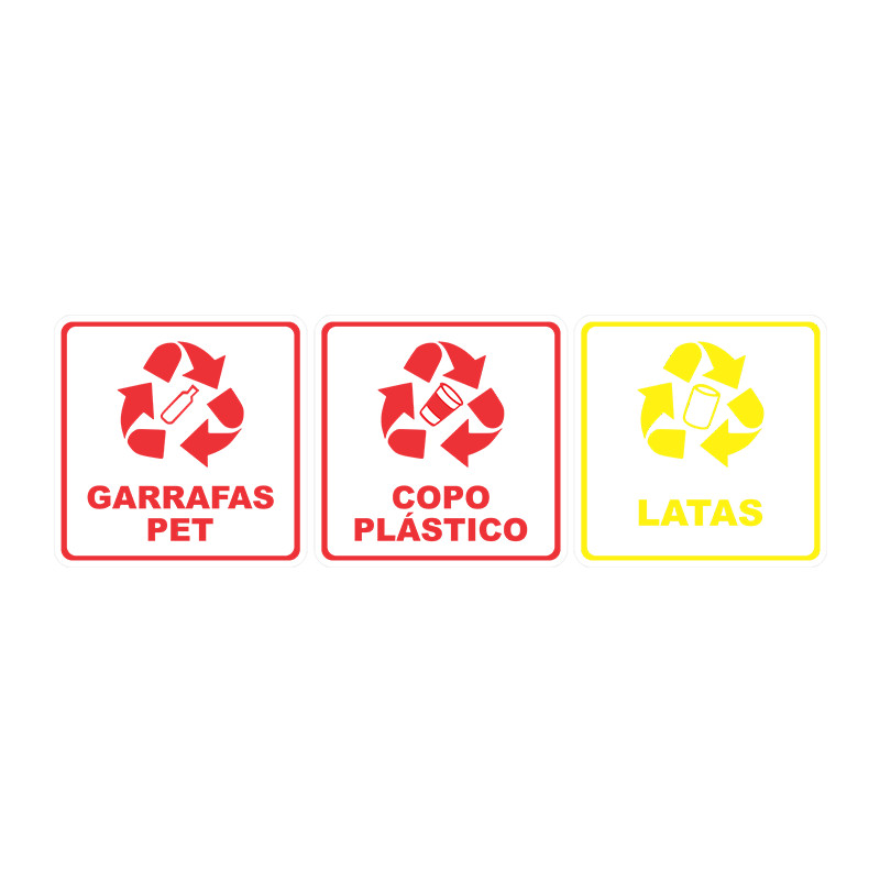 Kit Adesivo Coleta Seletiva Lixo Reciclável 20x20cm 3pç PETs
