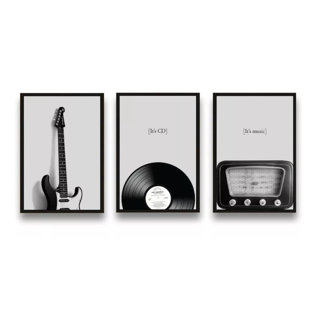 Quadro Decorativo Rock Guitarra Radio Disco 3pç