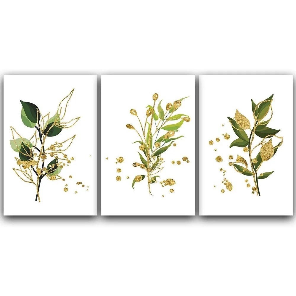 Quadros Decorativos Folhas Coloridas Dourado Casa Quarto 3pcs