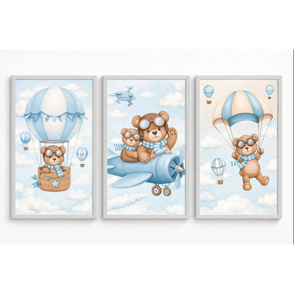 Quadro Decorativo Infantil 3PCS 125x60cm Ursinho Avião Quarto Bebê Menino Decoração de Parede