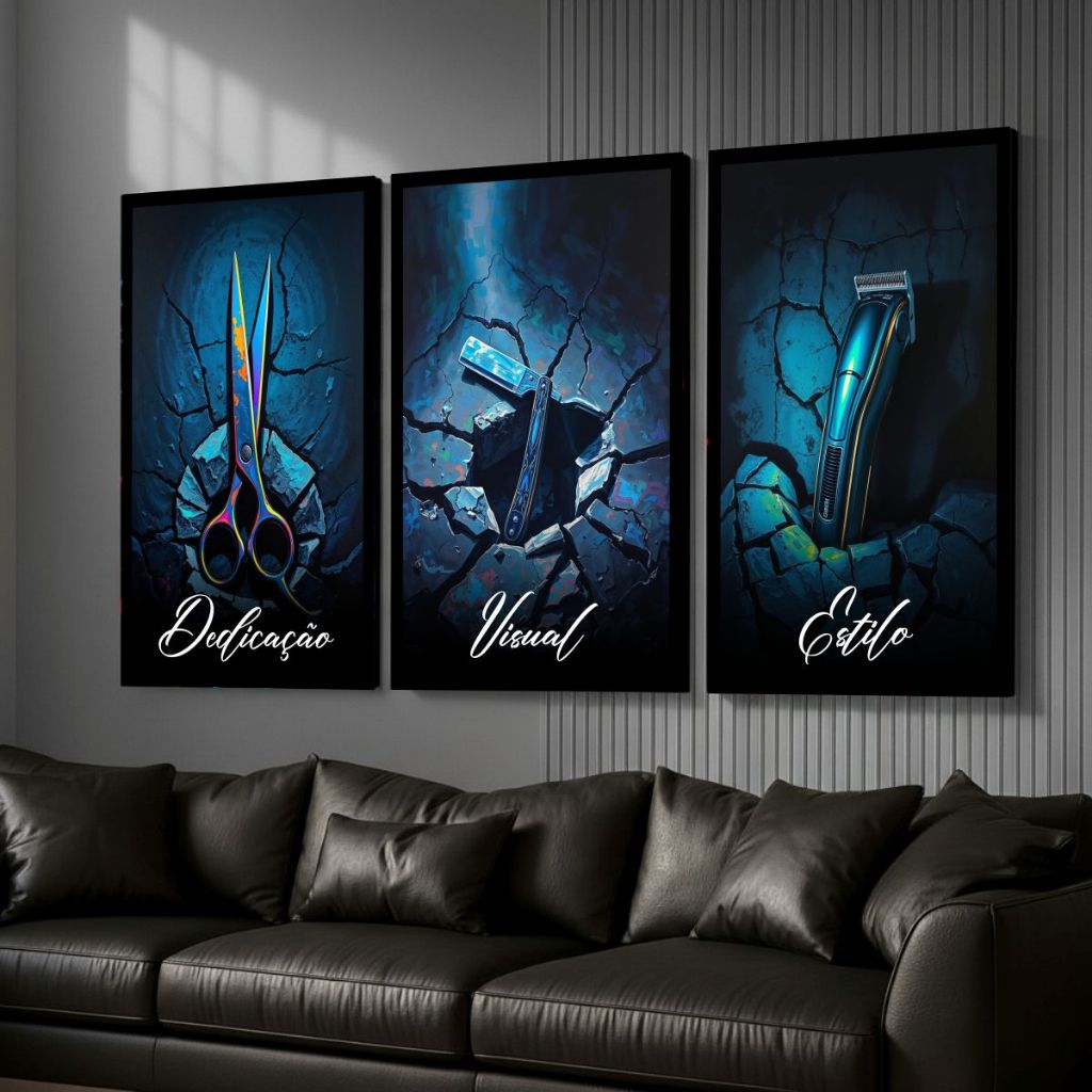 Quadro Grande Barbearia Dedicação Visual Estilo Moderno 3pçs