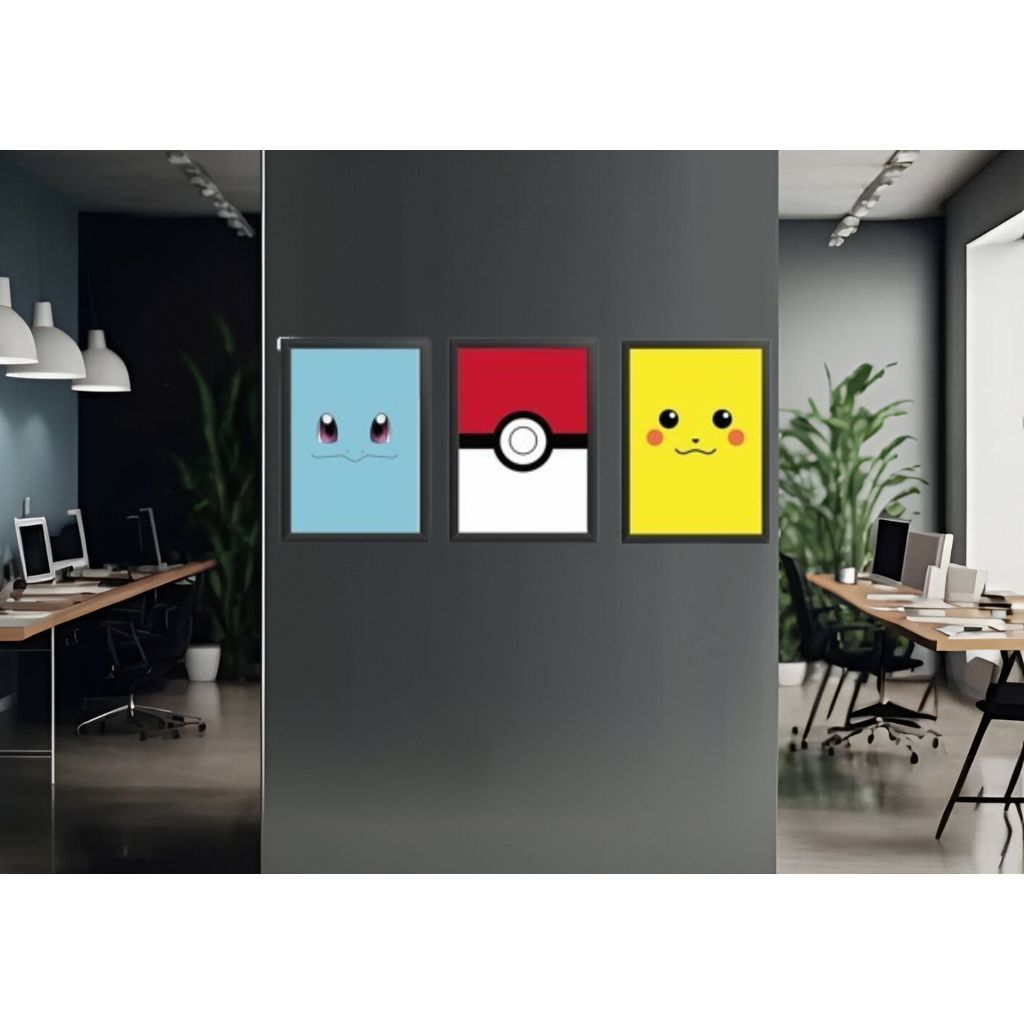 Kit 3Pç 50x30 Quadro Decorativo Pokémon, Pokebola, desenho sala quarto Premium Luxo