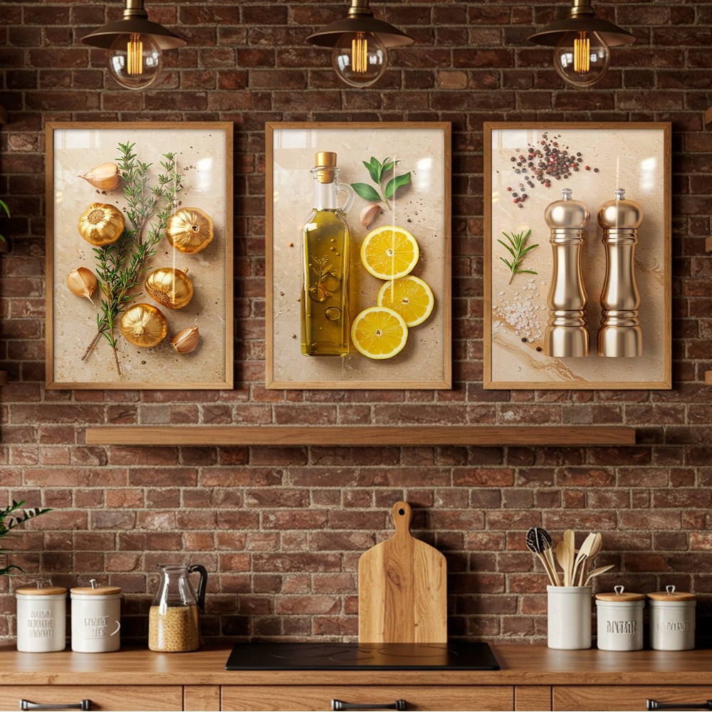 Quadros Decorativos 3pçs para Cozinha Dourado Temperos Restaurante Negócios