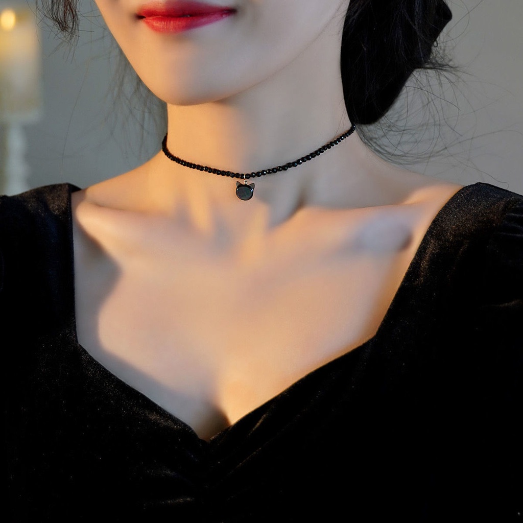Super Cute Cat Black Stone Necklace New Choker Clavicle Chain Light Luxury Temperament Retro Gentle Niche Girlfriends