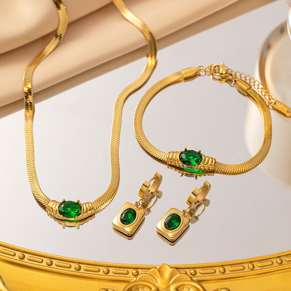 Fashion Light Luxury Looks Temperamento Pedra Esmeralda Gemstone Pulseira de Aço Titânio Pulseira Nobre Elegante Colar d