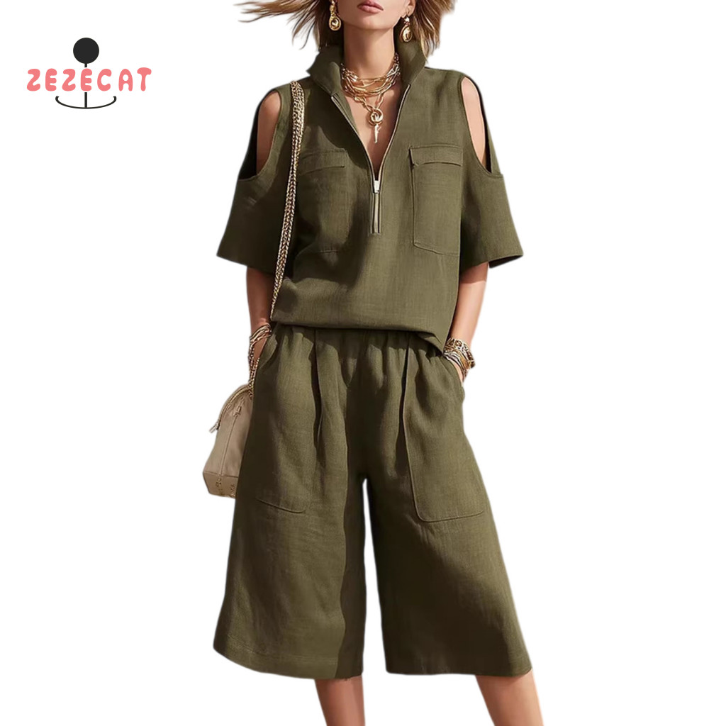 Comfortable Women Set Versatile Clothing Women’s Two-piece Summer Tracksuit – Half-zip Short Sleeve Top Shorts with