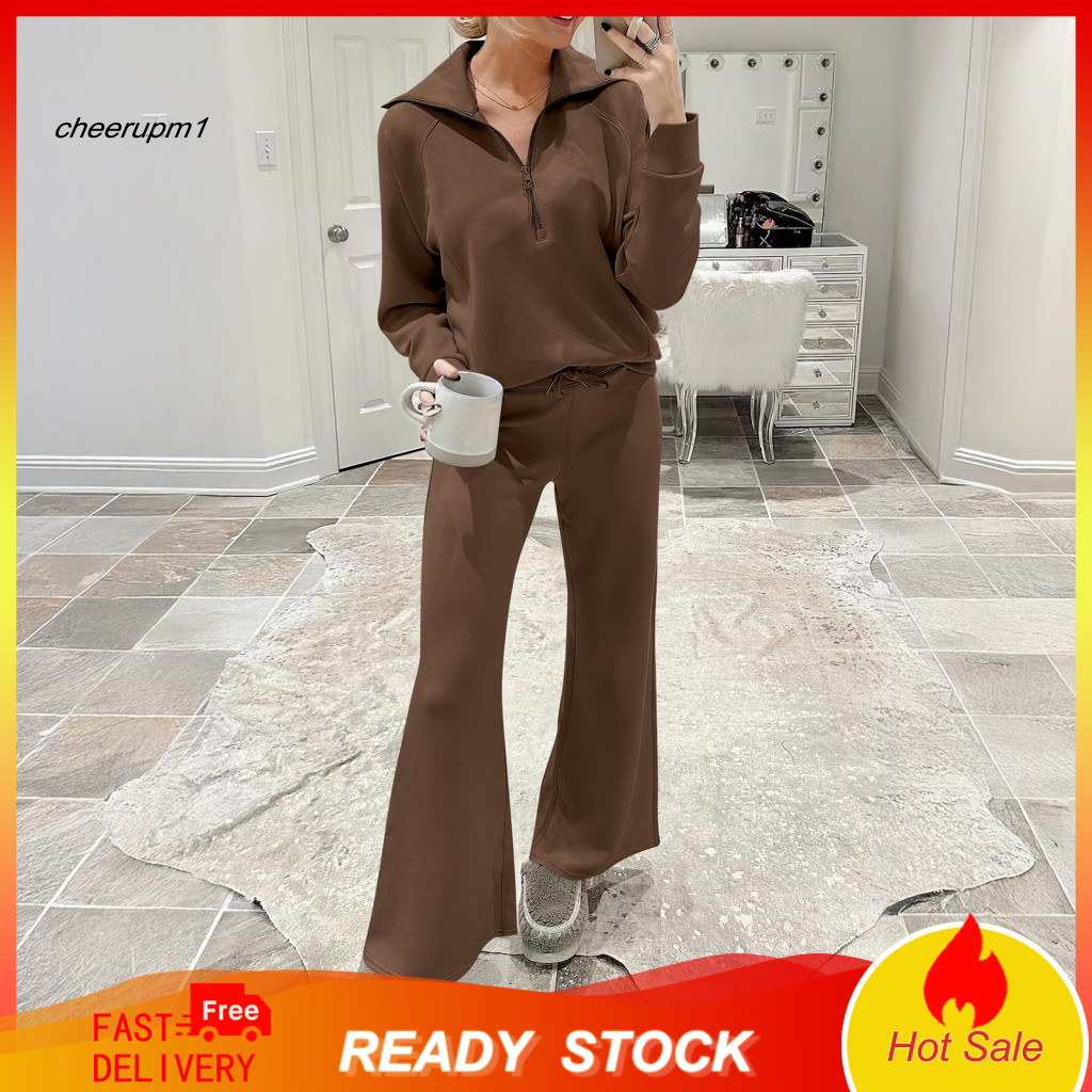 Comfortable Women Clothing Elegant Posture Women's Fall Two-piece Tracksuit Set Casual Half Zip Pullover Top Wide Leg Pa