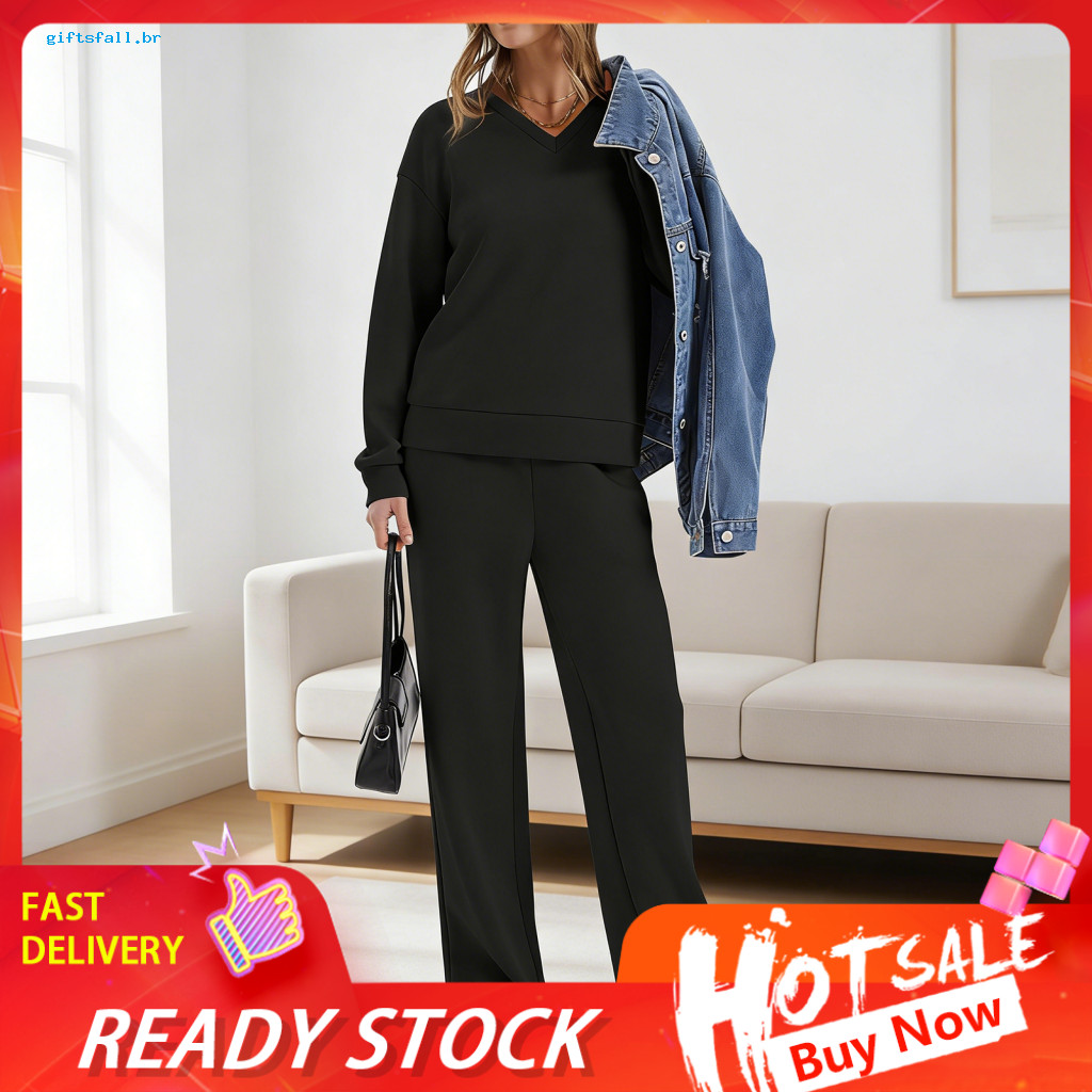 Women Two-piece Suit Simple Clothing Set Women’s Two Piece Outfits Fall Lounge – Long Sleeve V-neck Top Wide Leg Pan