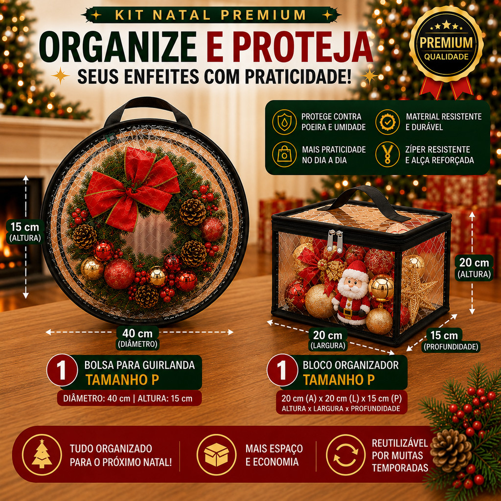 Kit Natal Premium Bolsa Guirlanda Cristal + Bloco Organizador P/ Guardar Enfeites Bolas Decoração Natalina com Zíper