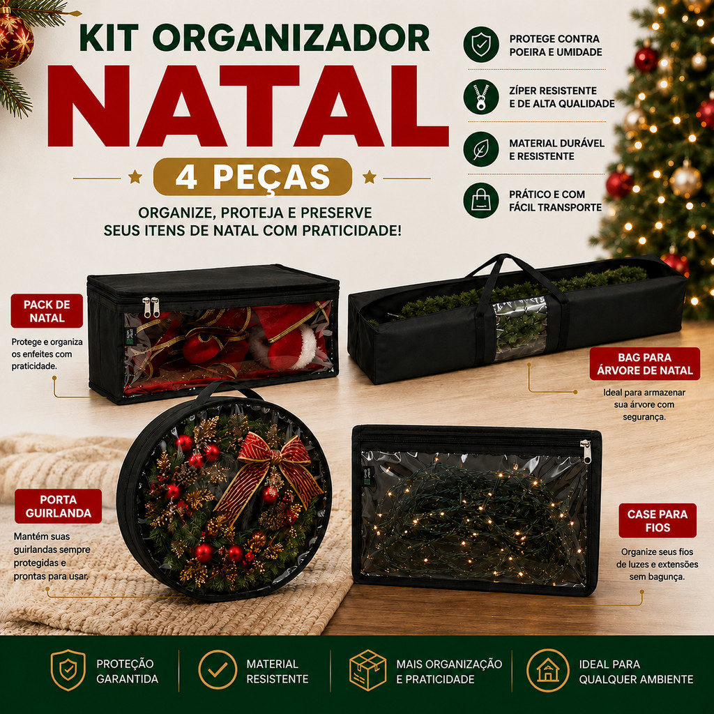 Kit Organizador Natal Para Guardar Árvore Guirlanda Enfeites Bolas Pisca Pisca Bolsas Armazenar Decoração Natalina Tam G