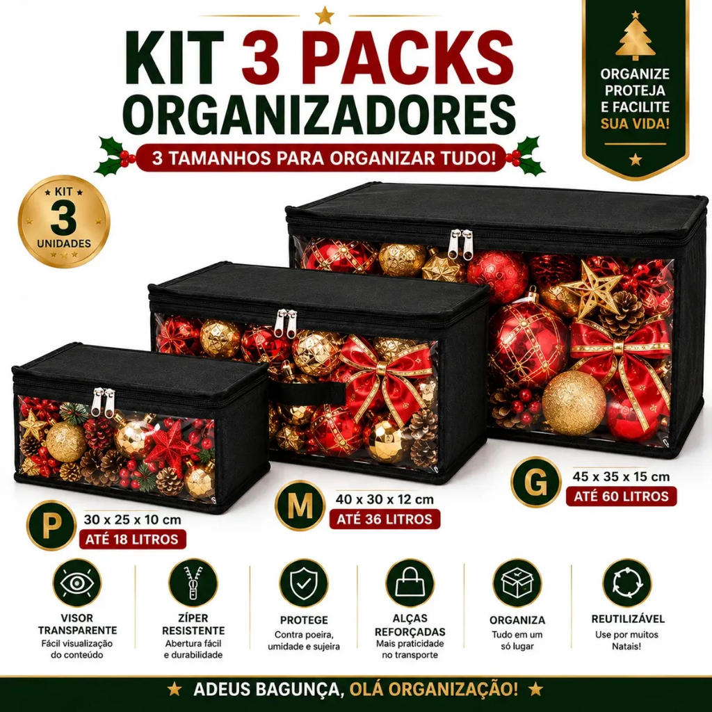 Kit 3 Caixas Organizadoras para Enfeites de Árvore de Natal Bolas Pisca Pisca Decoração e Acessórios Natalinos