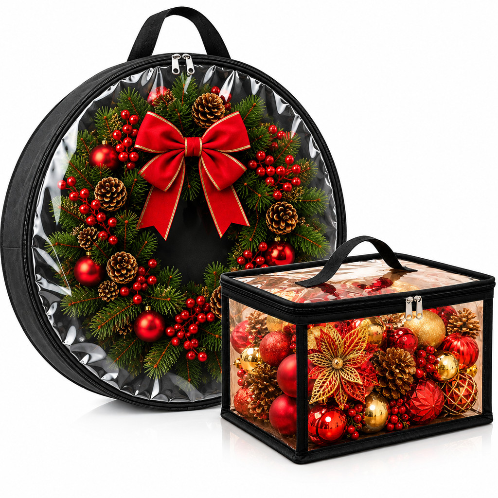 Kit Organizador Natal Bolsa Para Guirlanda + Caixa Enfeites Bolas Pisca Pisca Guardar Armazenar Decoração Natalina