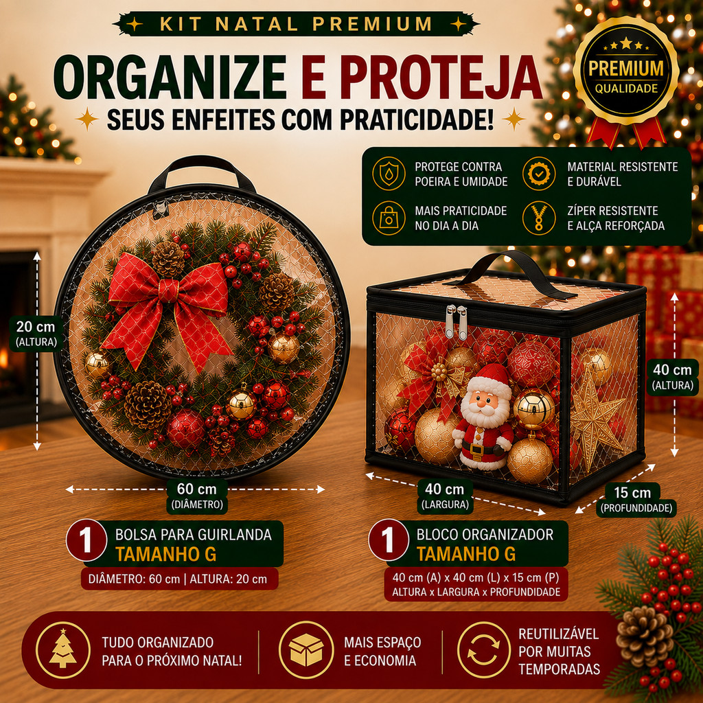 Kit Natal Premium G Bolsa Guirlanda Cristal + Bloco Organizador Para Guardar Enfeites Bolas Decoração Natalina com Zíper
