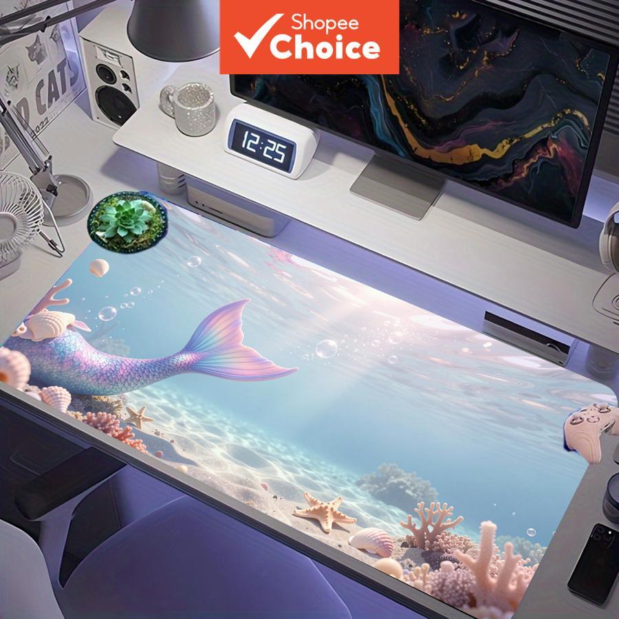 Rabo de Sereia Iridescente em Azul Claro com Corais e Conchas, Mouse Pad de Jogo Grande Estendido, XXL, Tapete de Mesa