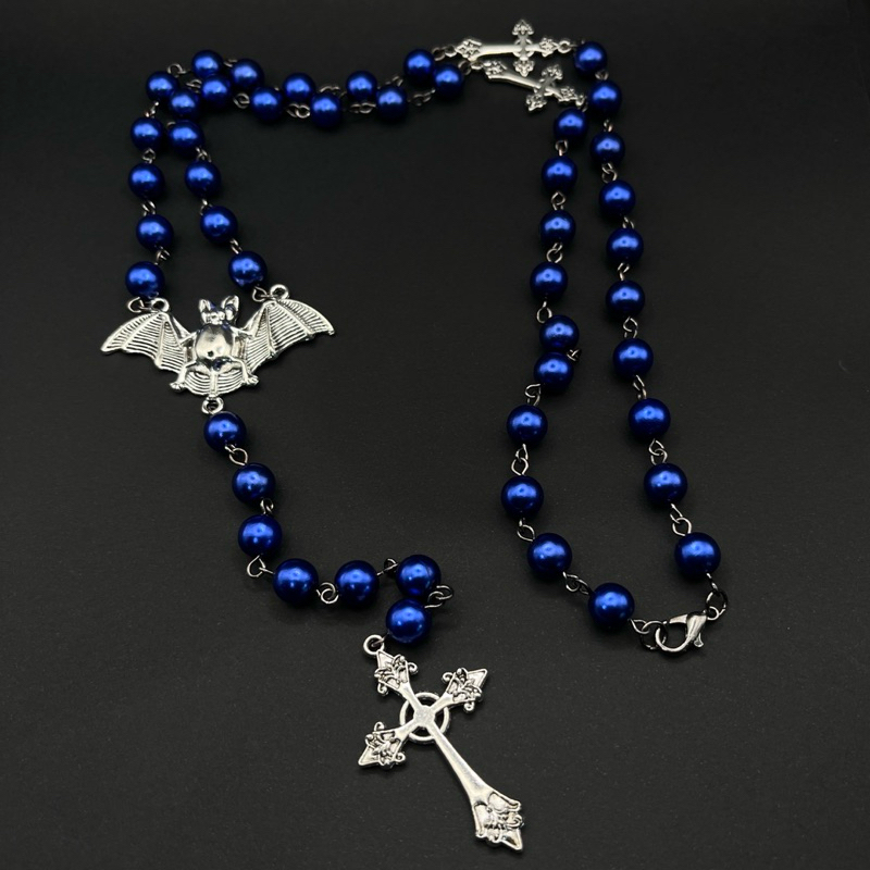 Rosário gótico unissex longo morcego cruz vampiro pérolas azul escuro metalizado