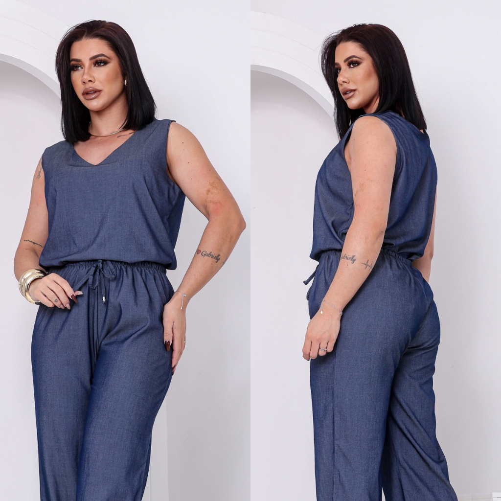 Blusa Regata Feminina Alça Larga e Decote em V em Chambray Moda Elegante