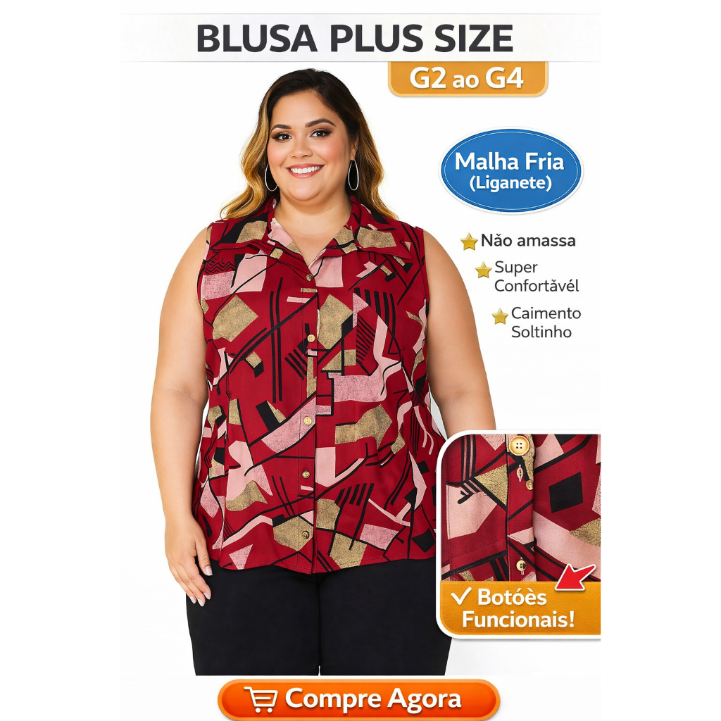 Camisa Plus Size Feminina G2 ao G4 Malha Fria Não Amassa Confortável Botões Estampa Aleatória