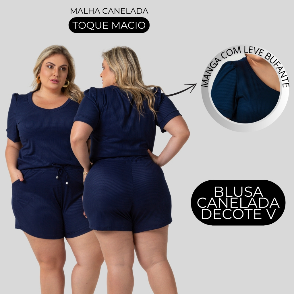 Blusa Decote V Canelada Feminina Manga Curta Plus Size Elegante 1211-DROP