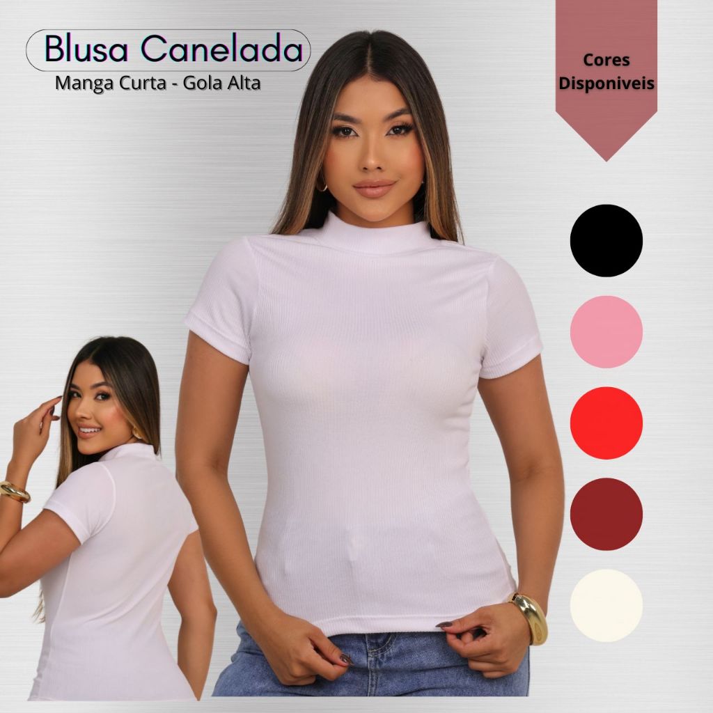 Blusa Feminina Canelada Manga Curta Gola Alta T-Shirt Moda Elegante Estilosa Confortável Segunda Pele
