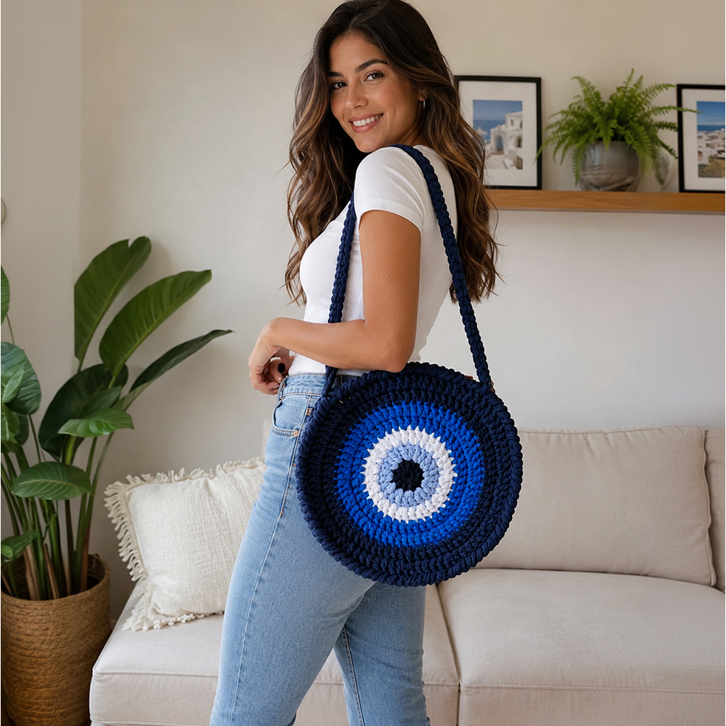 Bolsa de Crochê Redonda Olho Grego em Fio de Malha 35cm Bolsa Feminina Artesanal Premium Grande