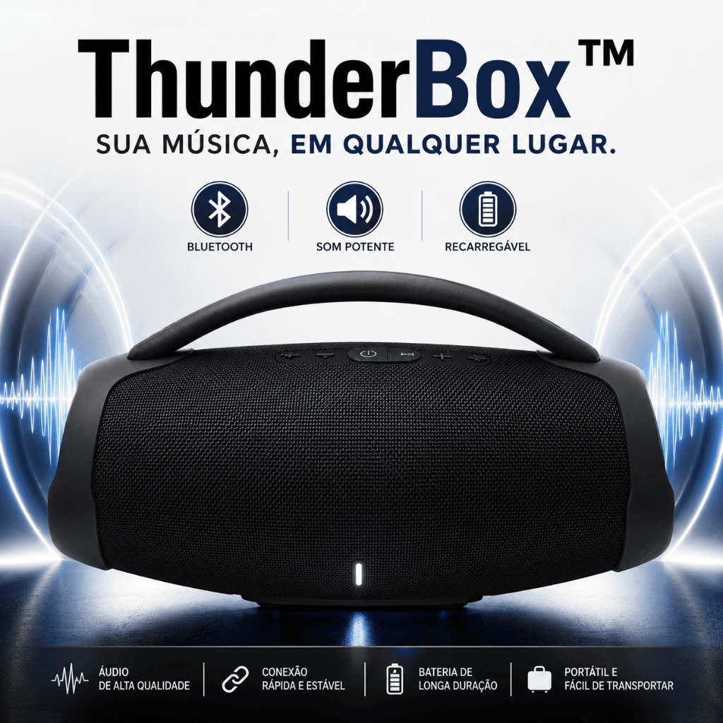 Caixa de Som - GRANDE 35CM - Bluetooth Portátil Recarregável Sem Fio com Alça ThunderBox™ Preto